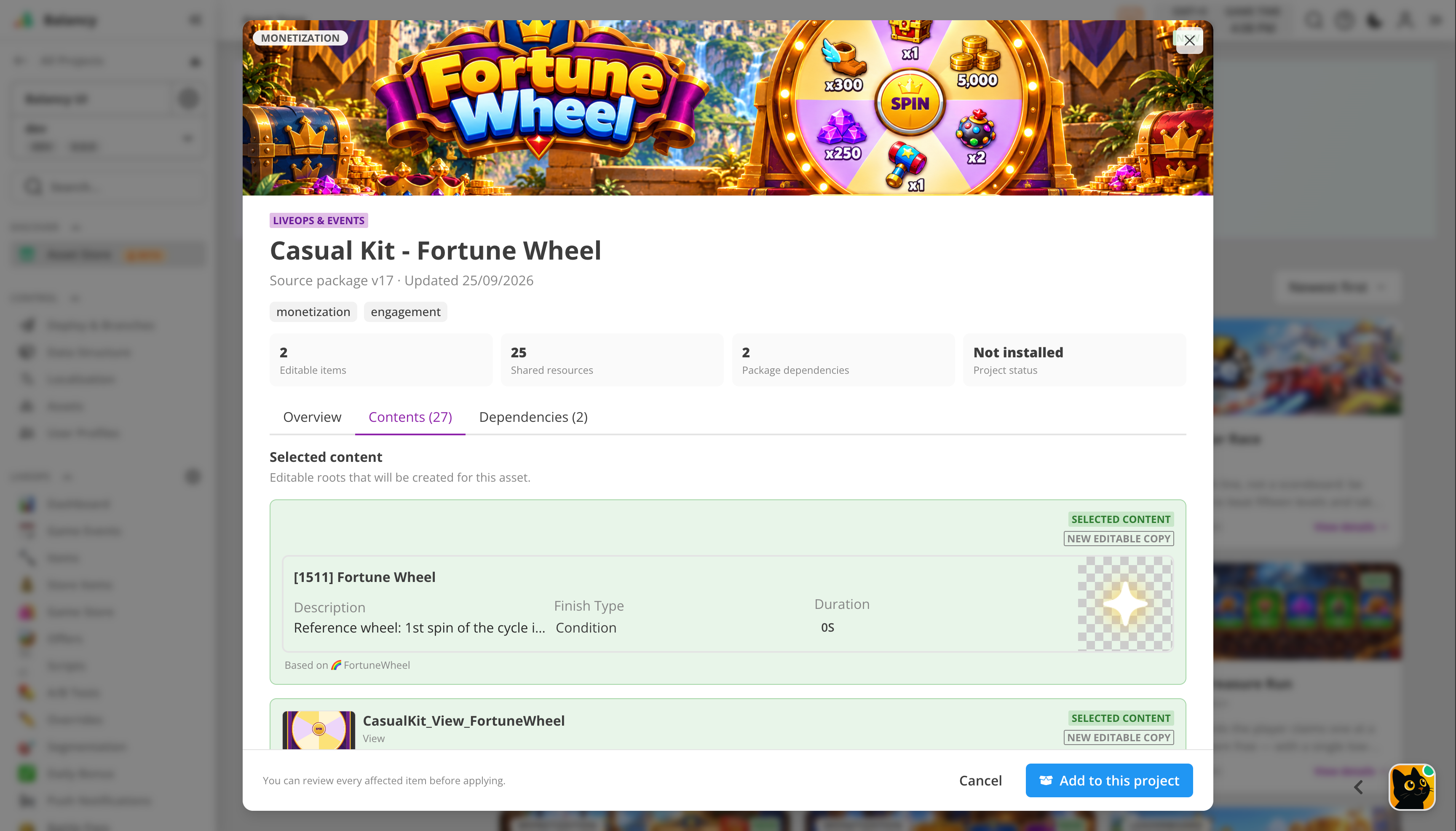 The Fortune Wheel event document and View are selected as editable copies