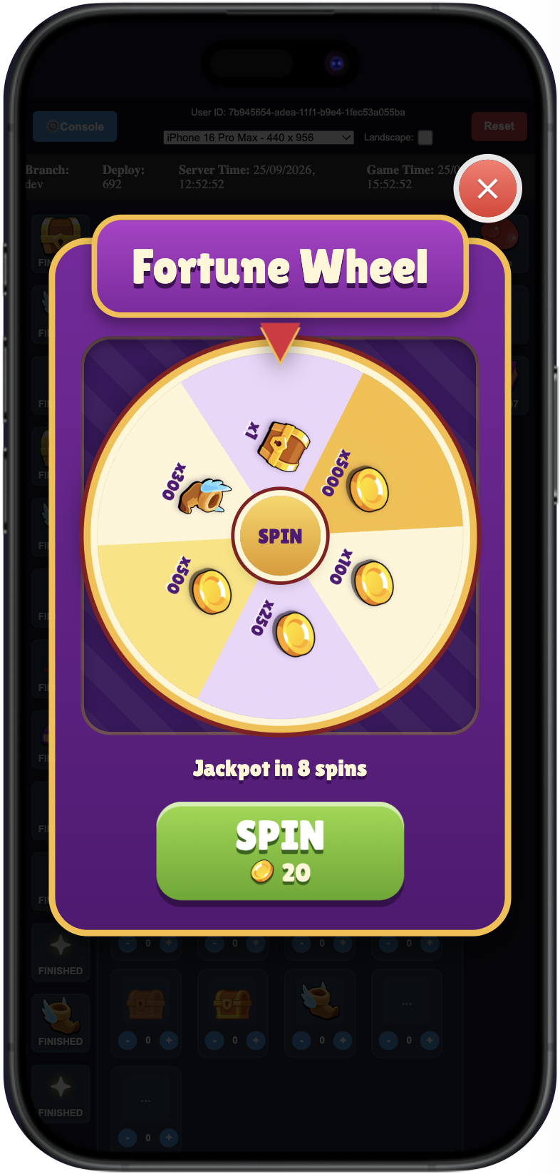 Fortune Wheel in the Demo App with a later spin costing 20 coins